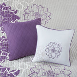 6-Piece Taupe Grey/Purple Floral Cotton Quilt Set