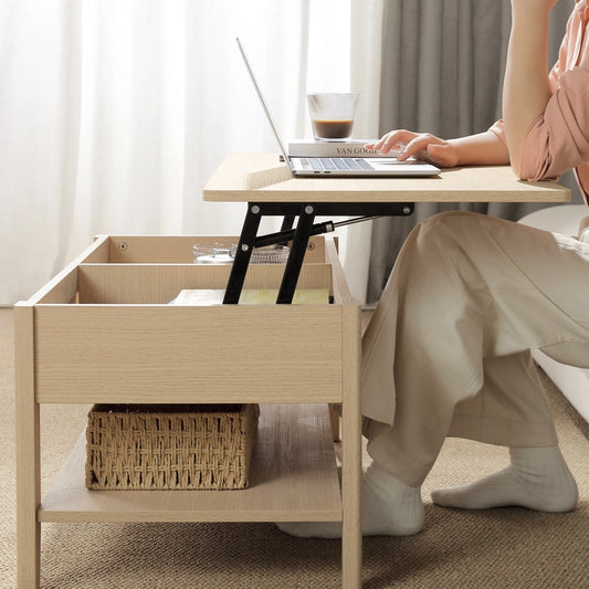 Rattan Lift-Top Storage Lower Open Shelf Coffee Table