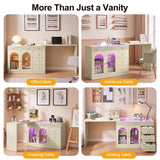 Rotatable L-Shaped Vanity Desk with Led Light, Double Arched