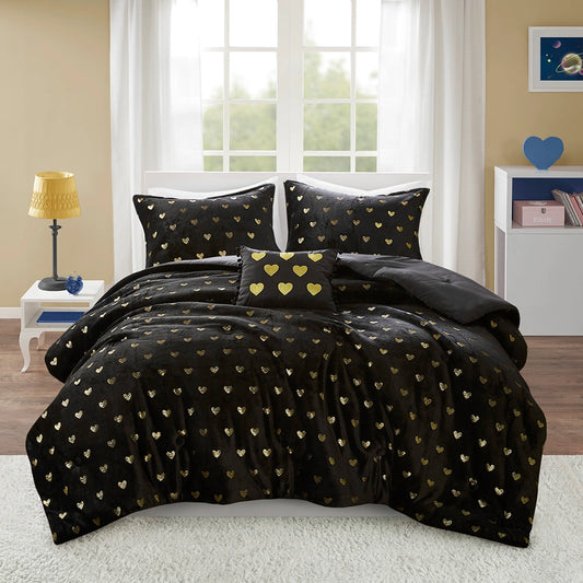 Gold Metallic Printed Plush Comforter Set, Black