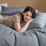 Woven Striped Pleated Comforter Set, Blue/Grey