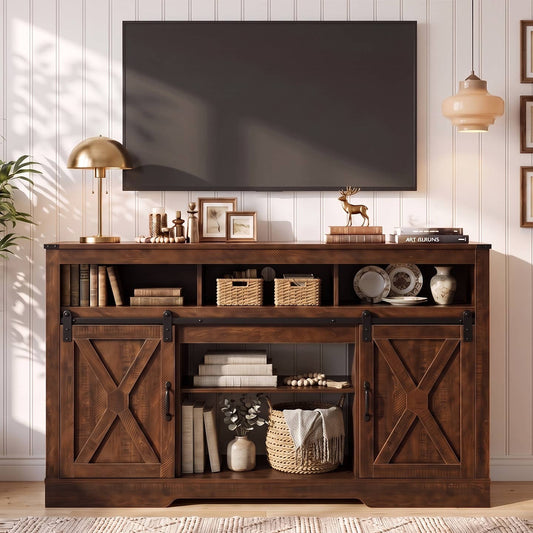 Barn Door Tv Stand 65" - Farmhouse Media Console, 5 Shelves