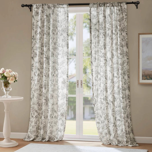 Floral Linen-Textured Light Filtering Window Panel, Charcoal