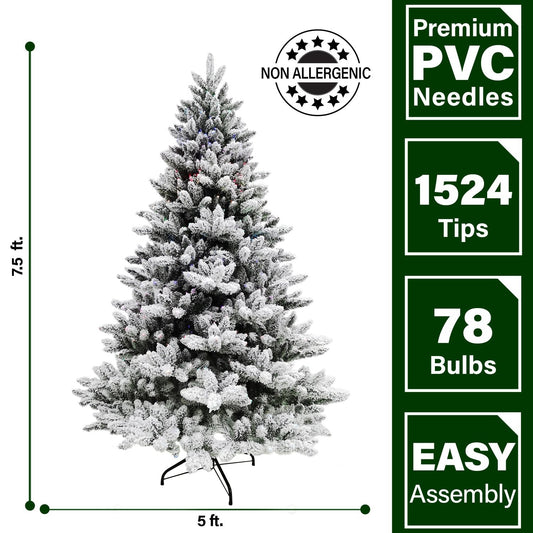 Indoor 7.5-Ft Snow Flocked Fiber Optic Prelit Christmas Tree with Festive LED Dancing Lights