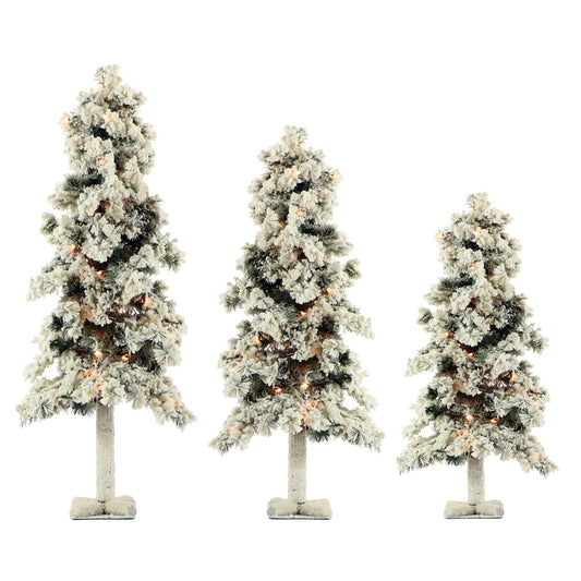 Set of 3 Snowy Alpine Trees with White Incandescent Lights (2-Ft., 3-Ft., & 4-Ft.)