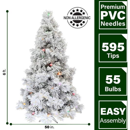 6.5-Ft. Flocked Snowy Pine Christmas Tree with Colorful G40 LED Light Bulbs