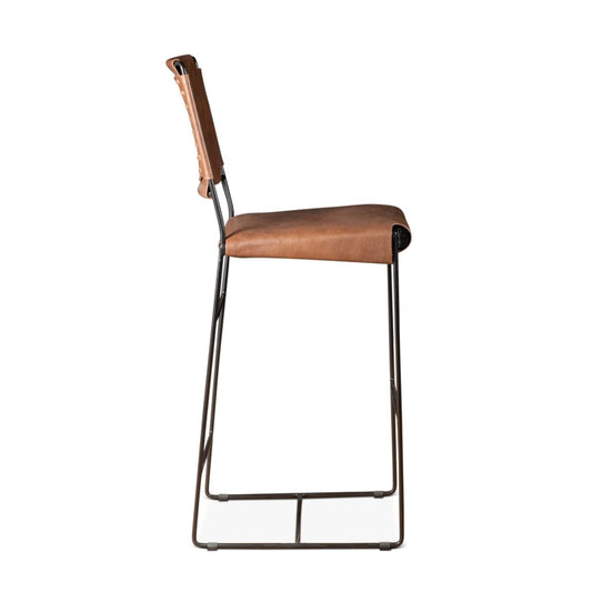 New York 18" Bar Chair in Brown Buffalo Leather and Iron