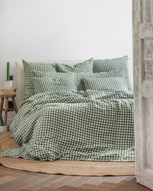Forest green gingham linen pillowcase