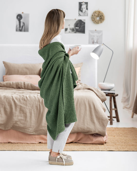 Forest green waffle throw blanket