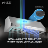 ANZZI 30-Inch 450 CFM 3-Speed Stainless Steel Under Cabinet Convertible Residential Range Hood with LED Lamp