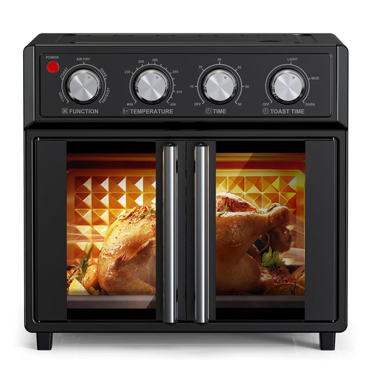 PlumChef 29.5QT Large capacity French Double-Door Air Fryer Convection Toaster Oven, 1700W, 7 Preset Menus, 7-in-1 Multi-Function for Bake, Roast, Grill, Toast, Dehydrate & Defrost, Stainless Steel,Black