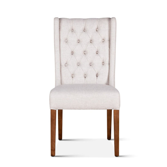 Lara 20" Upholstered Tufted Dining Chair in Off-White Linen with Natural Teak Legs