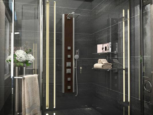 Monsoon 57 in. 4-Jetted Full Body Shower Panel System with Heavy Rain Shower and Spray Wand in Mahogany Style Deco-Glass
