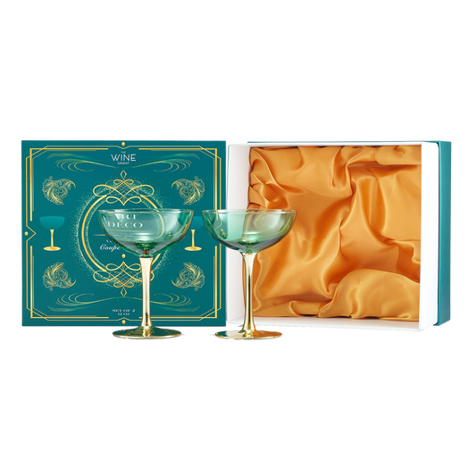 Colored Coupe Art Deco Glasses, Gold | Set of 2 | 12 oz