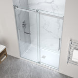 Stellar Series  76 in. x  57-60 in. Sliding Frameless Shower Door with Alcove Center Drain Shower Base - Multiple Finishes