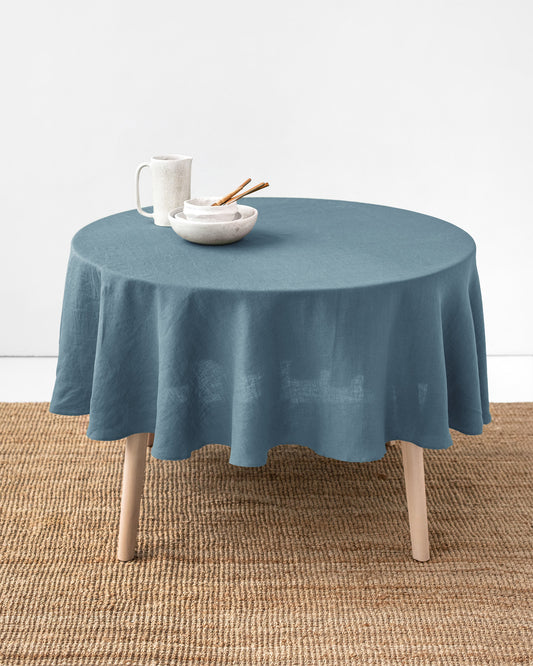 Round linen tablecloth in Gray blue