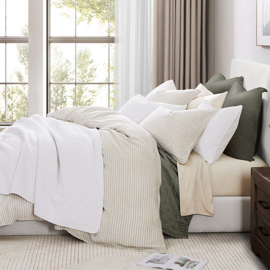 100% European Flax Linen Railroad Stripe Duvet Cover Set