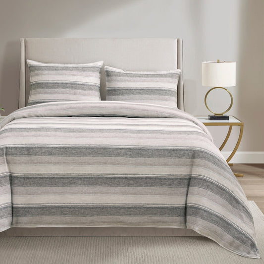 100% European Flax Linen Variegated Stripe Duvet Cover Set, Charcoal