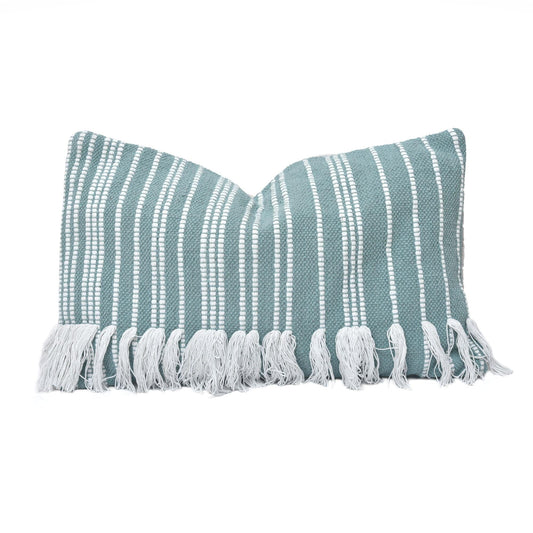 Fringed Stripe Lumbar Rug Pillow, Light Blue