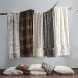 Nordic Cable Knit & Mongolian Fur Throw Blanket, Gray