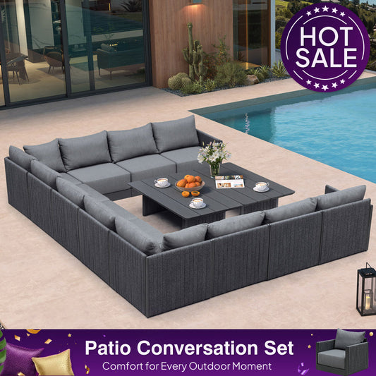 PURPLE LEAF Sanori U-Shaped Patio Couch Set Modular Sofa with Grey Cushions and Ottoman for Balcony