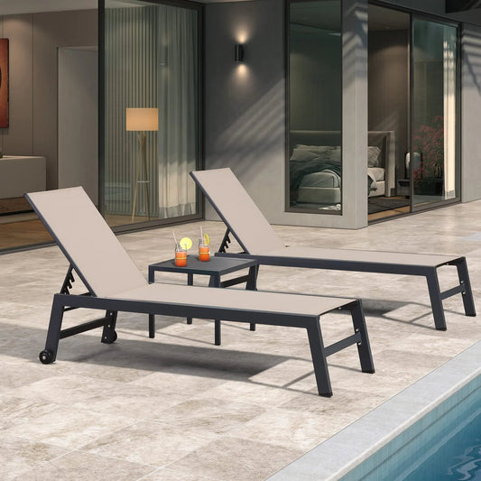 PURPLE LEAF Patio Chaise Lounge Textilene Pool with Wheels Sunbathing Chair for Outdoor, Beach, Yard, Side Table Included