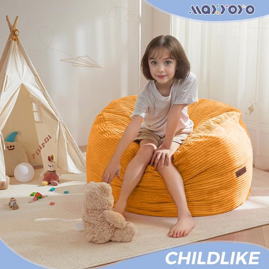 MAXYOYO Corduroy Bean Bag Chair Bed for Kids, Convertible Bean Bag Folds from Chair to Floor Mattress, Orange