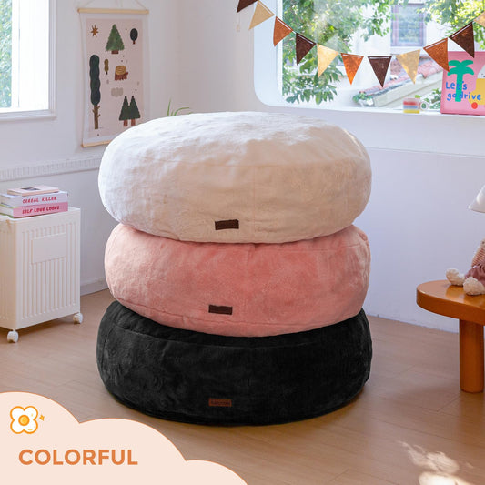 MAXYOYO 3 in 1 Kids Bean Bag Chair Bed, Faux Fur Round Child Floor Sofa for Gaming, Reading (Black)