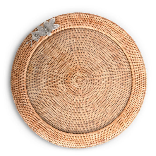 Orchid Round Serving Tray Hand Woven Wicker Rattan - Glass Insert