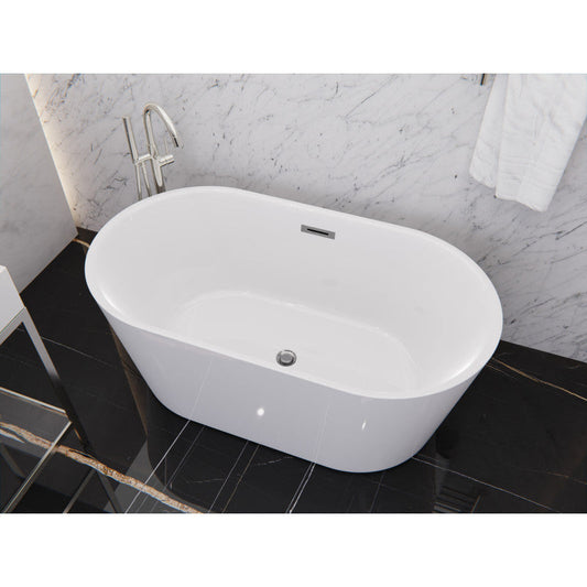 Chand Series 55 in. x 30 in. Flat Bottom Acrylic Freestanding Soaking Bathtub with Center Drain in Glossy White