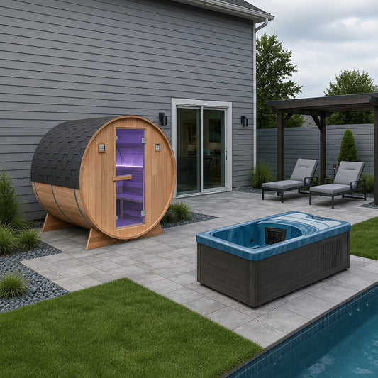 4-6 Person Electric Rock Heater Outdoor White Cedar Sauna with 1-Person All-in-One Blue Cold Plunge & Built-in Chiller