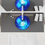 Belissima Series 17 in. L x 17 in. W  Round Bathroom Vessel Sink in Stellar Blue Finish Glass with Chrome Pop-Up Drain