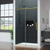 Mountain 48 in. W x 76 in. H Reversible Frameless Sliding Glass Shower Door with Soft-Close System - Multiple Finishes