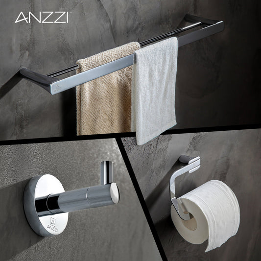 ANZZI 3-Piece Chrome Bathroom Accessories Set - Hand Towel Holder - Toilet Paper Holder - Towel Holder