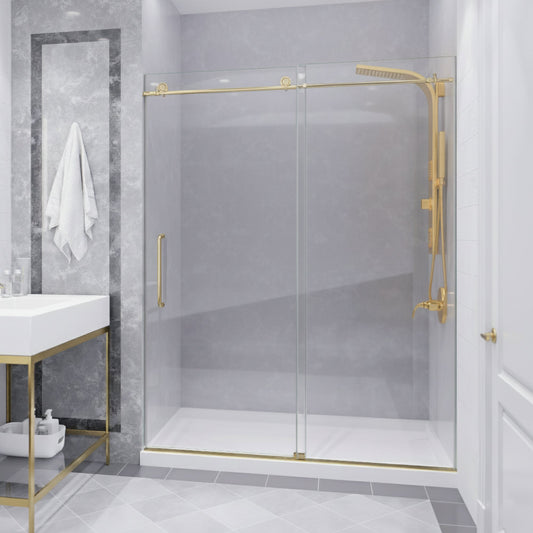 Madam Series 56 to 60 in. x 76 in. Frameless Sliding Shower Door with Clear or Tinted Tempered Glass and Tsunami Guard
