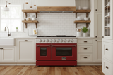 Kucht 48" Gas Range in Stainless Steel, Red Oven Doors, KNG481-R