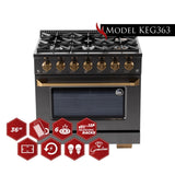 Kucht Gemstone Professional 36 in. 5.2 cu. ft. Propane Gas Range with Sealed Burners and Convection Oven in Titanium Stainless Steel KEG363/LP