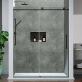 Mountain 60 in x 76 in. Reversible Frameless Sliding Deco-Glass Shower Door with Soft-Close System - Multiple Finishes