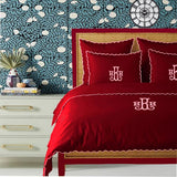 Monogram Burgundy 400TC Cotton Small Scallop Embroidery Duvet Cover Set