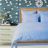Monogram Light Blue 400TC Cotton Small Scallop Embroidery Duvet Cover Set