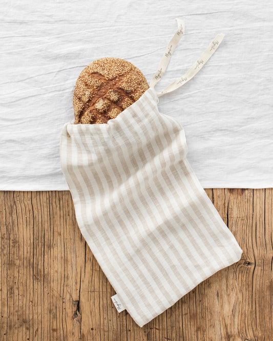 Linen bread bag in Striped in natural