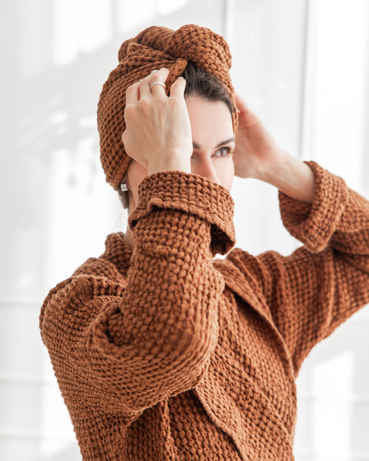Linen hair towel turban in Cinnamon