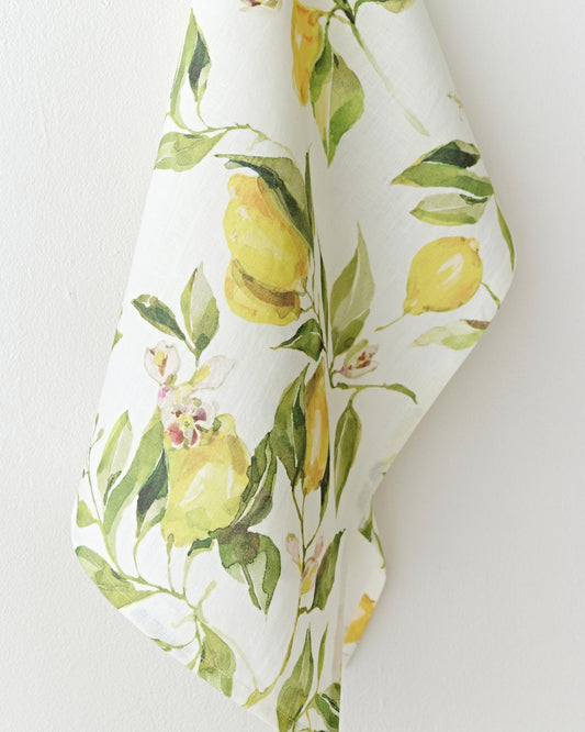 Linen tea towel in Citrus garden print on white