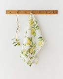 Linen tea towel in Citrus garden print on white