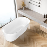 ANZZI Bailey Series 65" L Freestanding Soaker Tub with Deep Relaxation Depth (15"), Built-in Overflow, and Durable Acrylic/Solid Surface Construction, White