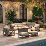 Marindo 6-Piece Faux-Wood Aluminum Patio Set with Fire Pit and Ottomans
