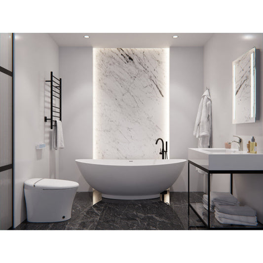 Masoko Series 74 in. x 34 in. Flat Bottom Solid Surface Freestanding Soaking Bathtub with Center Drain in Matte White