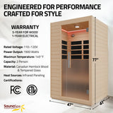 2-Person Infrared Cabin Sauna with Canadian Hemlock Wood, Low EMF Heating Panels, Chromotherapy and Glass Door
