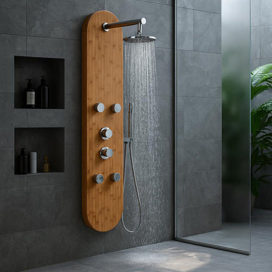 Crane Series 52 in. Full Body Shower Panel with Heavy Rain Shower and Body Jets and Spray Wand in Natural Bamboo