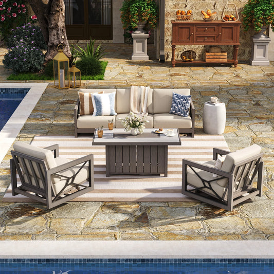 Marindo 4-Piece Faux-Wood Aluminum Swivel Patio Conversation Set with Fire Pit Table
